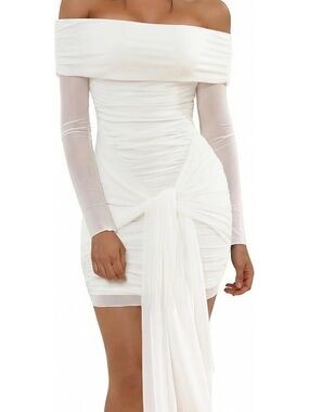 White Off-Shoulder Ruched Mini Dress with Draped Sash